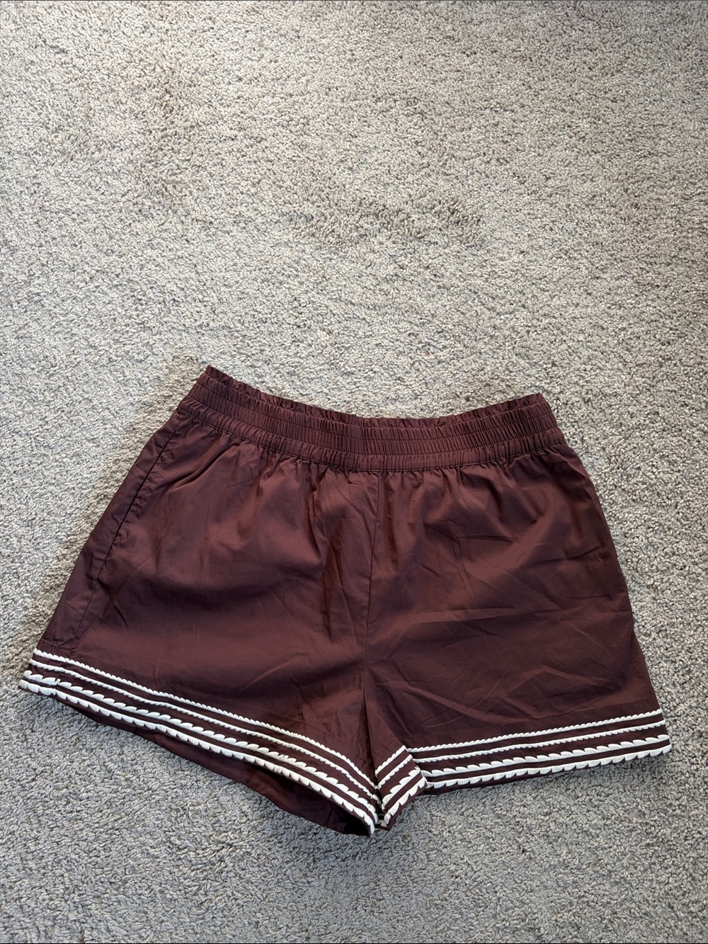 Caroline Constas Brown Shorts White Embroidered Hem Elastic Waist L Pockets